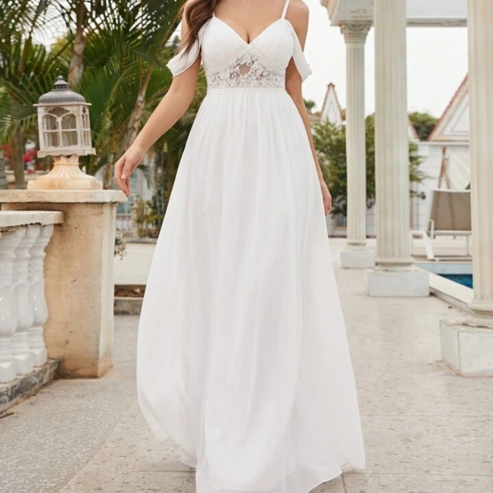 Cold Shoulder Contrast Lace Chiffon Wedding Dress